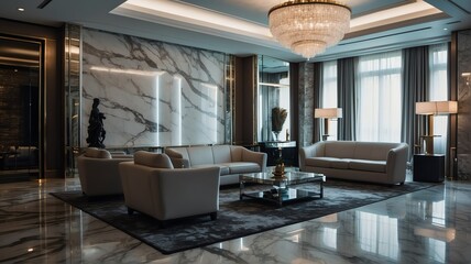 Silver themed hotel waiting area with sofa chairs and luxury carpet on a polished marble floor from Generative AI - obrazy, fototapety, plakaty