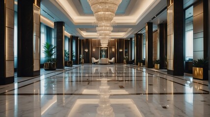 White themed hotel walkway with luxury carpet with stunning chandelier and polished marble floor from Generative AI