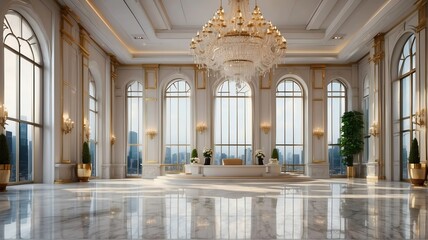 White themed luxury grand ballroom hall with stunning chandelier and polished marble floor from Generative AI - obrazy, fototapety, plakaty