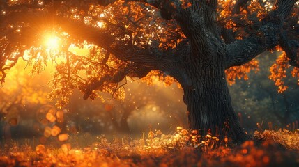 Morning Glow on Ancient Oak: Sunlit Foliage of a Timeless Tree