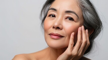 Obraz premium contented middle-aged, mature Asian lady on white 