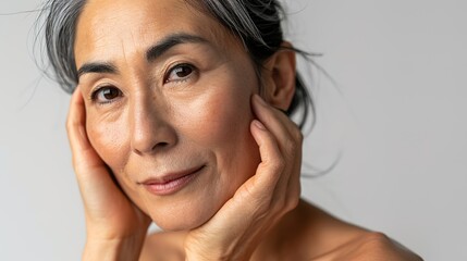 Fototapeta premium contented middle-aged, mature Asian lady on white 