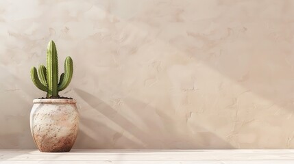 a green cactus in a ceramic vase infront of a beige wall - wallpaper banner with copyspace