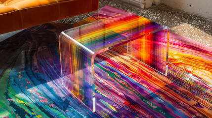 Transparent acrylic side table, capturing the colors of a vibrant rug.