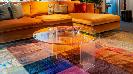 Obraz na płótnie Canvas Transparent acrylic side table, capturing the colors of a vibrant rug.