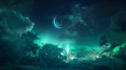 Fototapeta premium A Dark Sky With a Large Crescent Moon and Many Stars