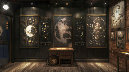 A celestial-themed wall decor with starry night prints, moon phases, and constellation maps.