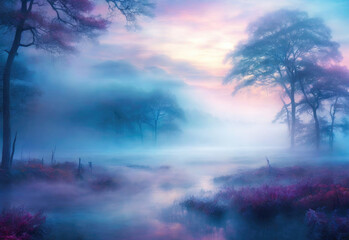 A breathtakingly fantasy landscape. Abstract colorful fantastic background with mesmerizing fog.