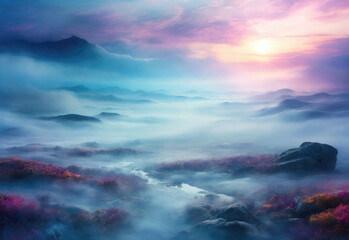 Fototapeta premium A breathtakingly fantasy landscape. Abstract colorful fantastic background with mesmerizing fog.