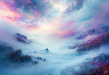 Naklejka premium A breathtakingly fantasy landscape. Abstract colorful fantastic background with mesmerizing fog.