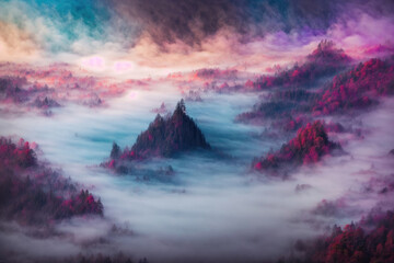 A breathtakingly fantasy landscape. Abstract colorful fantastic background with mesmerizing fog.
