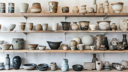 A collection of floating shelves displaying curated ceramics, pottery, and decorative objects.