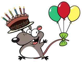 Cute little Mouse cartoon characters carrying a Birthday cake and Balloons tied with ribbons on their tails. Best for wallpaper, greeting card decoration, and background with childhood themes