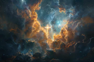Poster A captivating scene of a luminous cross radiating light against a celestial sky, symbolizing spirituality and hope. Suitable for religious and spiritual purposes. © ELmahdi-AI