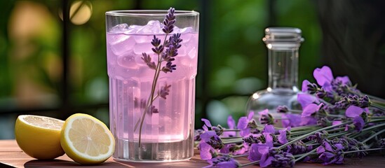 A glass of lavender water with ice, lemon slices, and violet petals on a table