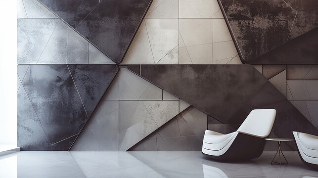 A geometric accent wall with bold patterns and metallic accents, adding depth and visual interest.