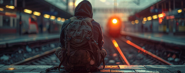 Migrant, worn backpack, seeking hope, sitting stranded at a train station, under a flickering light, realistic, spotlight, depth of field bokeh effect - obrazy, fototapety, plakaty