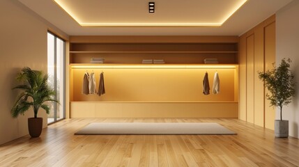 wide wooden dressing room, interior of a modern house, Modern closet with LED lights with clothes.