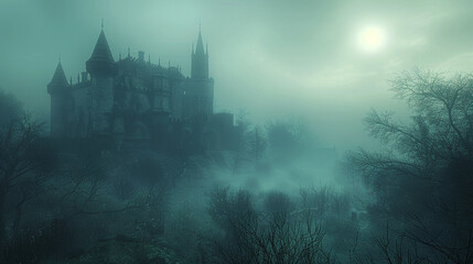 Mysterious castle, fog-covered, rising over the horizon, setting an eerie tone for an epic adventure