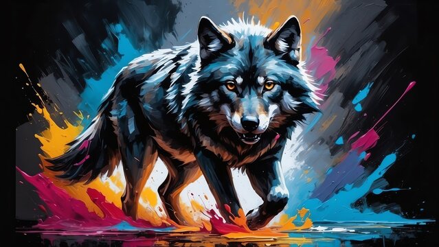 a wolf black theme oil pallet knife paint painting on canvas with large brush strokes modern art illustration abstract from Generative AI