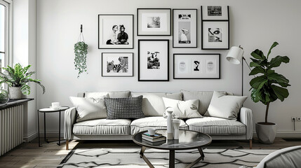 A monochrome gallery wall with black and white photographs, adding a timeless elegance to the room. - obrazy, fototapety, plakaty