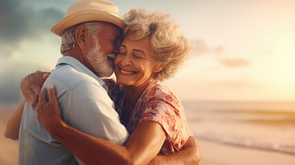 Portrait of cheerful senior couple having fun, hugging each other, at the beach.