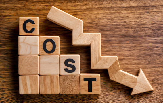 The text word COST spelled out in wooden blocks arranged in a stair-step pattern, with an arrow pointing down on wooden surface background