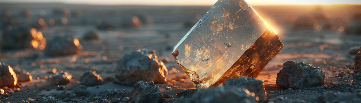 Otherworldly Object, Metallic Sheen, Mysterious Energy, Scientists examining alien artifacts discovered in a desert landscape at dusk