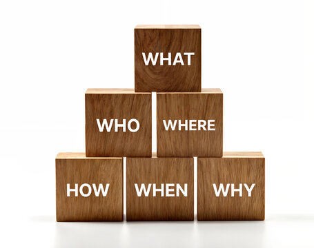 Various question text words when where what who why how question wooden blocks cubes