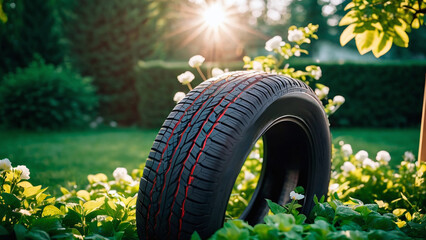 Car tire on the green grass with flowers in the garden at sunset.
