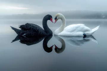 Raamstickers Serene embrace: two swans in love, a graceful display of adoration and unity in the swanst's affectionate bond, a symbol of tranquility and everlasting companionship in the natural world. © Ruslan Batiuk