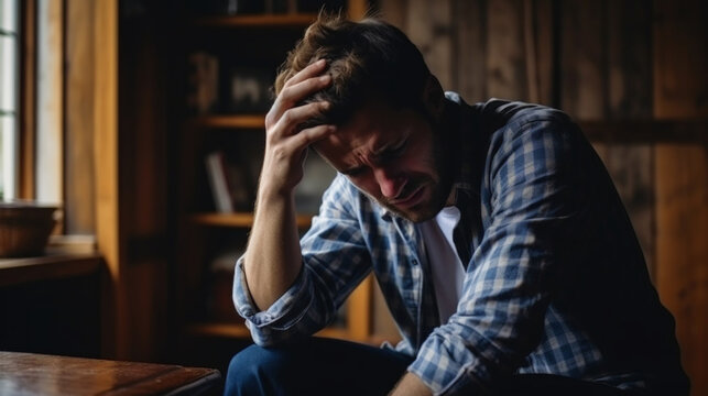 Isolated image of a worried, tired man with a headache. A worried man is holding his forehead. Generative AI