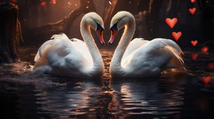 Foto op Canvas Serene embrace: two swans in love, a graceful display of adoration and unity in the swanst's affectionate bond, a symbol of tranquility and everlasting companionship in the natural world. © Ruslan Batiuk
