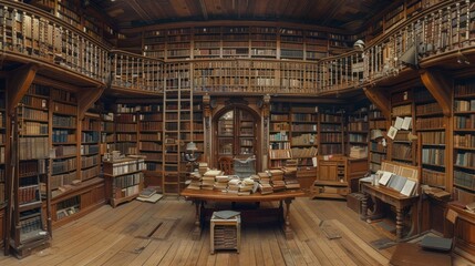 Ornate Wooden Library with Carved Balustrade and Books - obrazy, fototapety, plakaty