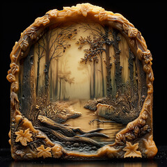 Soap Bar*, with embossed images of a mystical forest, revealing a story with every wash The lather unveils hidden messages and secrets etched within the layers, giving each bath a touch of magic - obrazy, fototapety, plakaty