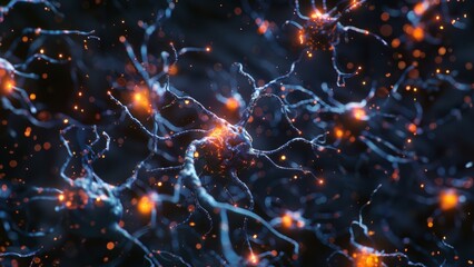 Network of neurons with electrical impulses, brain activity, neurology and computing concept - obrazy, fototapety, plakaty