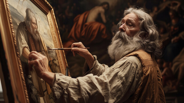 An elderly man paints a self-portrait on canvas