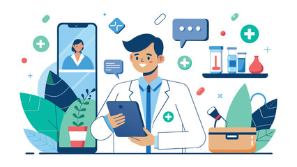 Online doctor service, vector illustration. Clinic medical care from smartphone, mobile application with man physician character. Communication with patient, pharmacy prescription