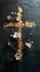 Kintsugi Easter cross with blooming flowers. easter symbol. faith, hope and he is risen concept