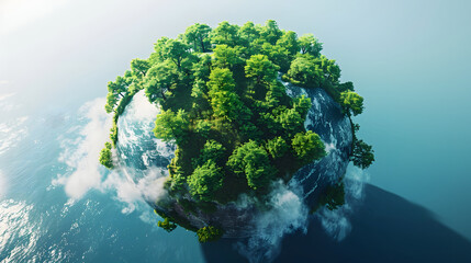 A small island in the middle covered in green trees. World earth trees protect love for the world green day