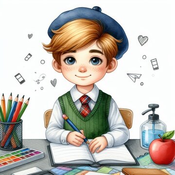 Watercolor School boy sitting at a desk with a pencil and notebook