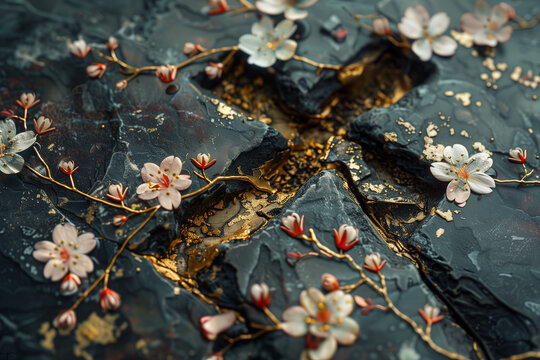 Kintsugi Easter cross with blooming flowers. easter symbol. faith, hope and he is risen concept
