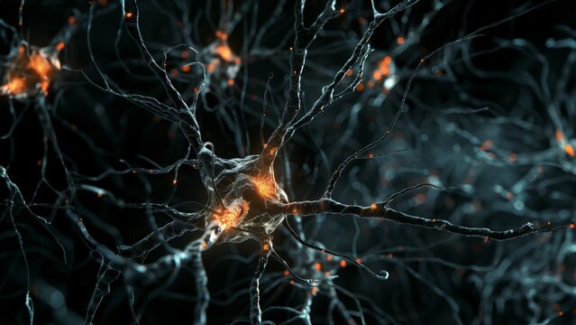 Neural network node with glowing orange synapses, representing interconnectivity and brain activity