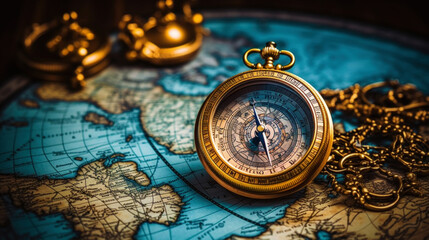 Photo of a vintage compass lying on ancient maps. The atmosphere of travel and adventure. Generative AI