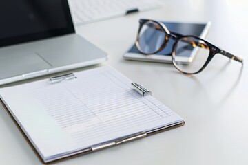 White clipboard on office desk with laptop and glasses project planning copy space