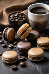 Obraz na płótnie Canvas Black coffee in the cup, coffee beans and chocolate macarons (Chocolate Macaron) on a dark background.