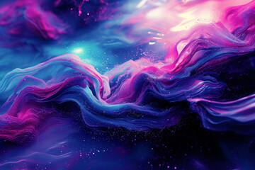 Vivid digital artwork of swirling cosmic waves in pink and blue hues with sparkling stars, illustrating dynamic and abstract celestial theme. Concept of backgrounds, digital art, cosmic themes - obrazy, fototapety, plakaty