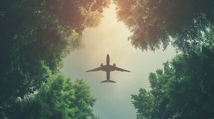 Fototapeta premium Green trees provide the backdrop as the aircraft soars in the air.