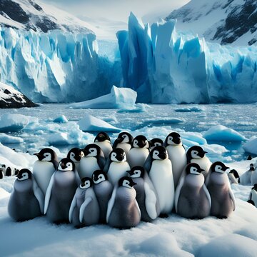 A group of penguins huddle together on a snowy hill, keeping each other warm
