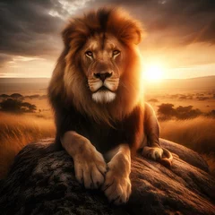 Foto op Aluminium A lion is sitting on a rock in the sun. The lion is looking at the camera. The scene is set in a savanna © Tri